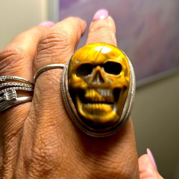 Adjustable Tiger Eye Carved Skull Statement Ring in Sterling Silver - Picture 2 of 4
